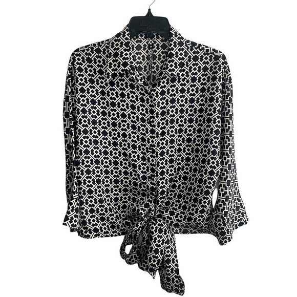 J. Mclaughlin Long Sleeve Black and White Patterned Tie Front Silk Blouse - Picture 1 of 9